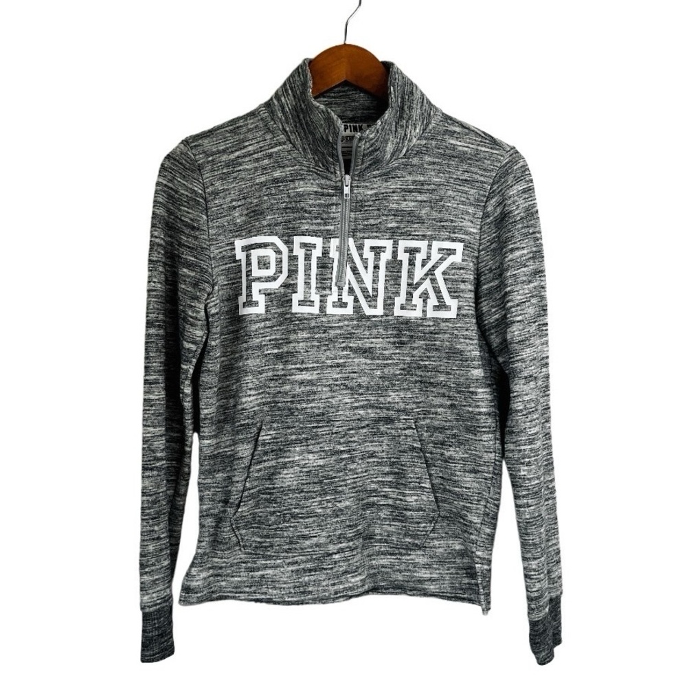 PINK Victoria's Secret Sweatshirt 1/4 Zip Pullover Spell Out Long Sleeve Gray XS